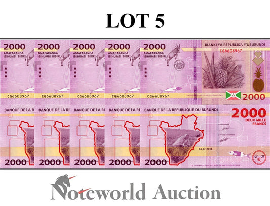 BURUNDI 2000 Francs 2018 P 52 Lot 5 pcs 1/20 Bundle UNC