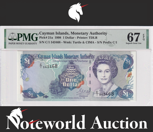 Cayman Islands 1 Dollar 1998 P 21a S/N Prefix C/1 UNC PMG 67 EPQ 2nd TOP POP