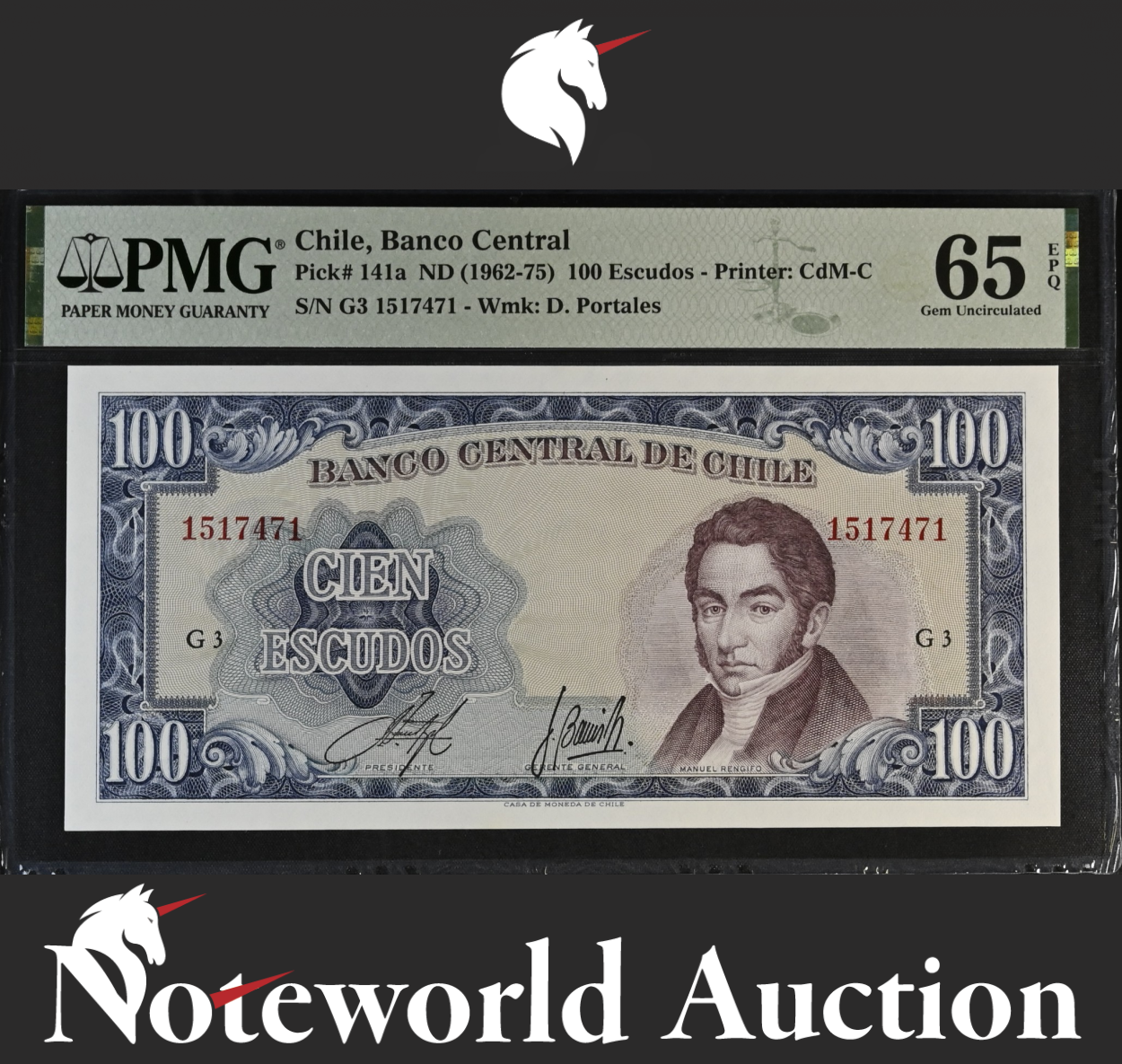 Chile Banco Central 100 Escudos ND (1962-75) P 141a UNC PMG 65 EPQ 3rd TOP POP