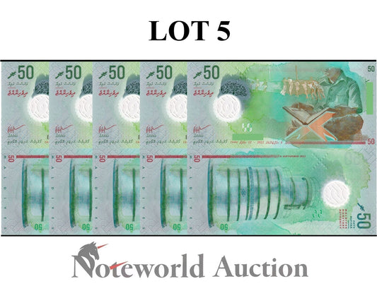 MALDIVES Lot 5 pcs 1/20 Bundle - 50 Rufiyaa 2022 P 28 Polymer UNC