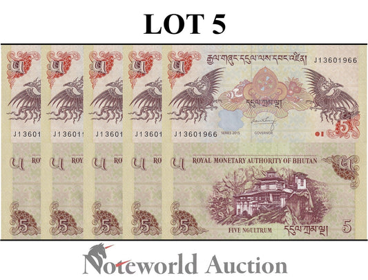 BHUTAN 5 Ngultrum 2015 P 28c Lot 5 pcs 1/20 Bundle UNC