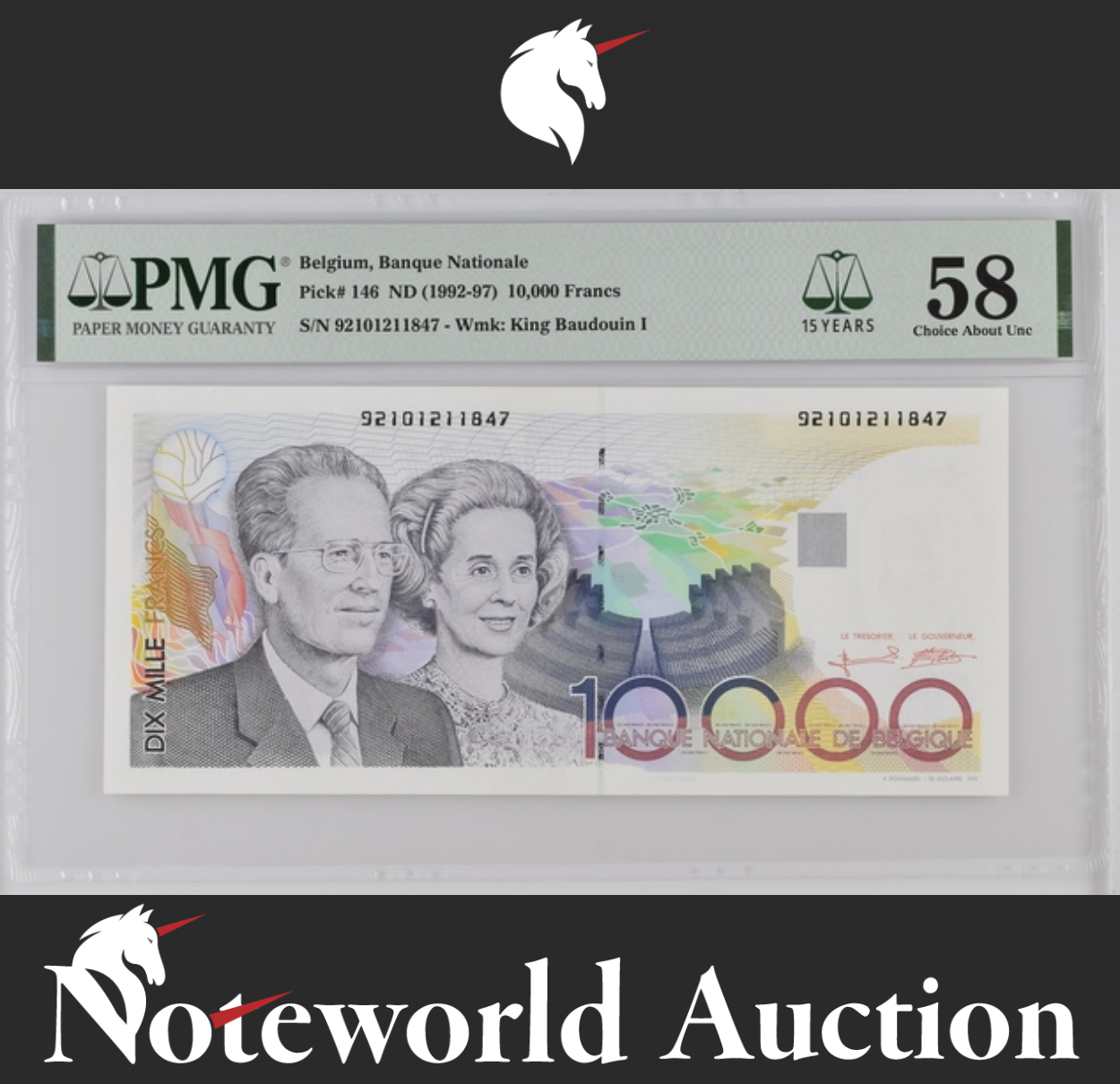 Belgium Banque Nationale 10000 Francs ND (1992-97) P 146 AU PMG 58