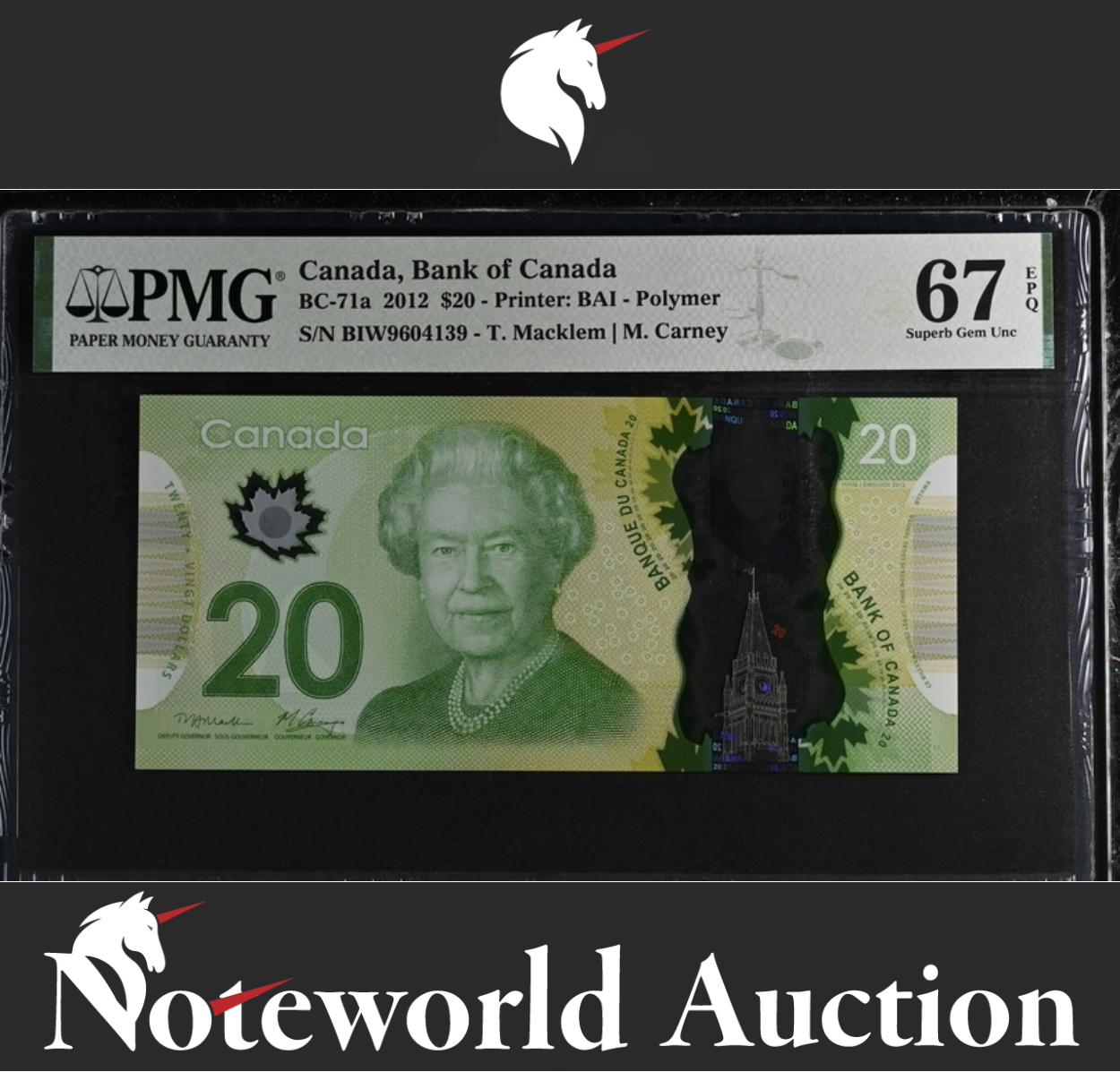 Canada Bank of Canada $20 2012 BC-71a Polymer UNC PMG 67 EPQ