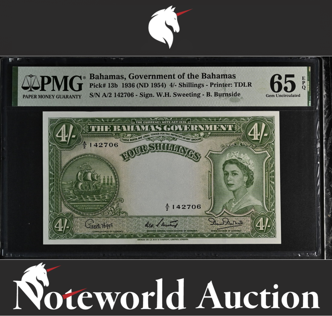 Bahamas Government of the Bahamas 4/- 1936 (ND 1954) P 13b UNC PMG 65 EPQ