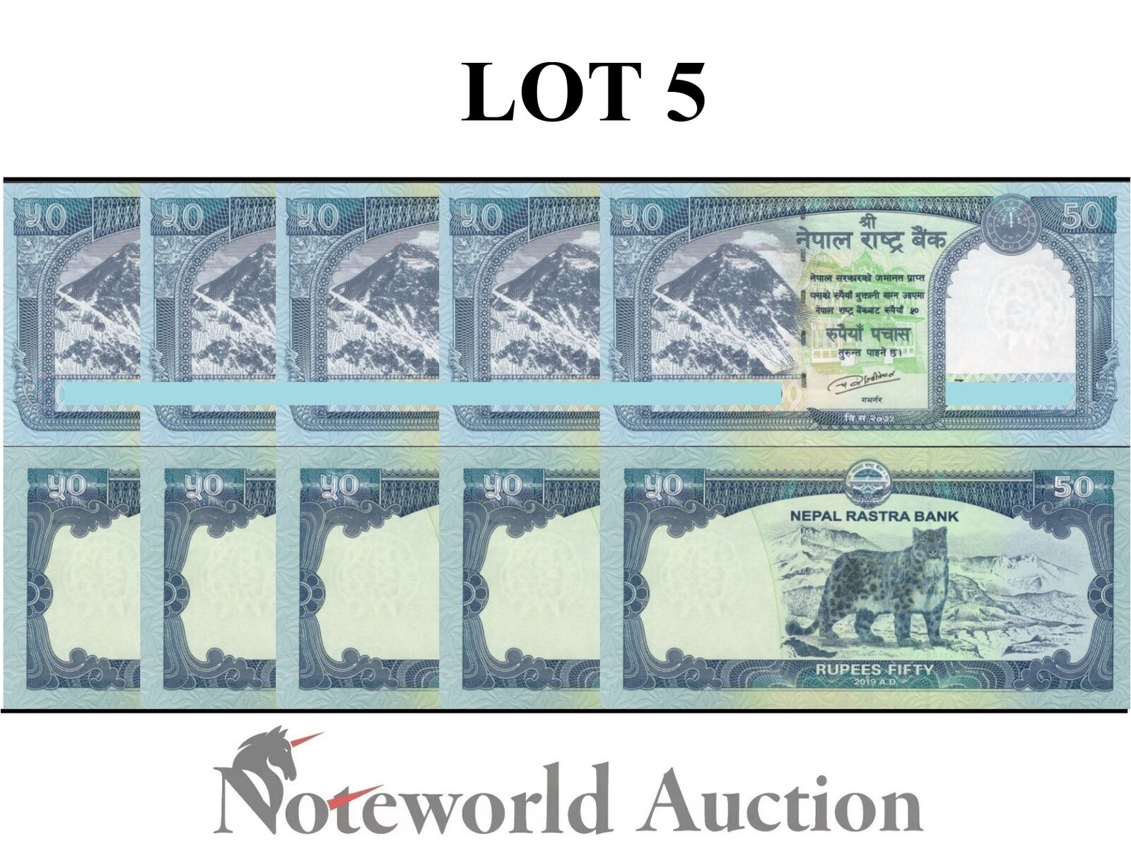 NEPAL Lot 5 pcs 1/20 Bundle - 50 Rupees 2019 P 79 Snow Leopard UNC