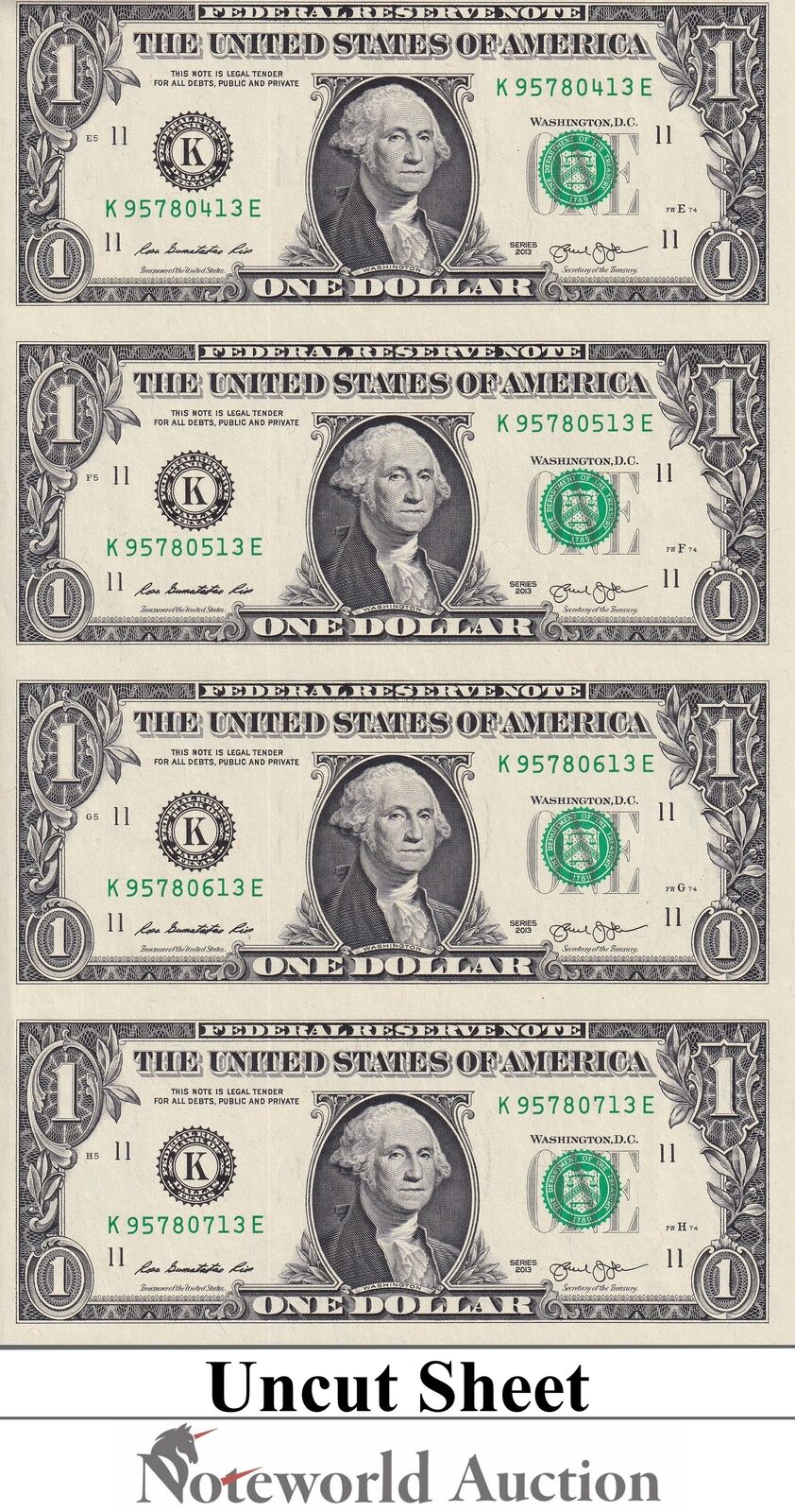 UNITED STATES USA 1 Dollar 2013 P 537 K-Dallas TX UNCUT 4 IN 1 UNC