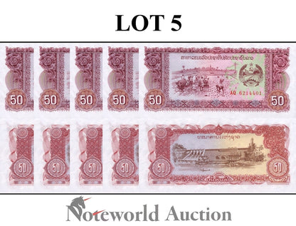 LAOS Lot 5 pcs 1/20 Bundle - 50 Kip ND 1979 P 29b UNC