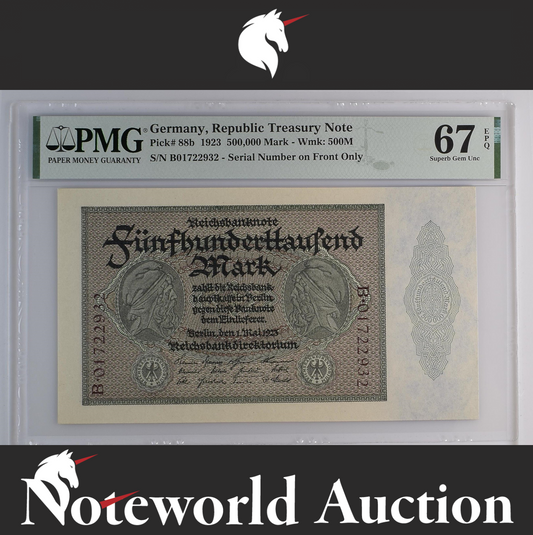 Germany Republic Treasury Note 500000 Mark 1923 P 88b UNC PMG 67 EPQ 2nd TOP POP