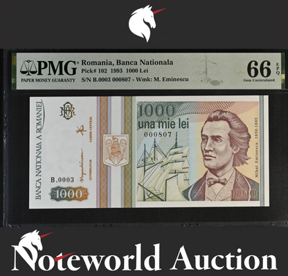 Romania Banca Nationala 1000 Lei 1993 P 102 LOW S/N 000807 UNC PMG 66 EPQ