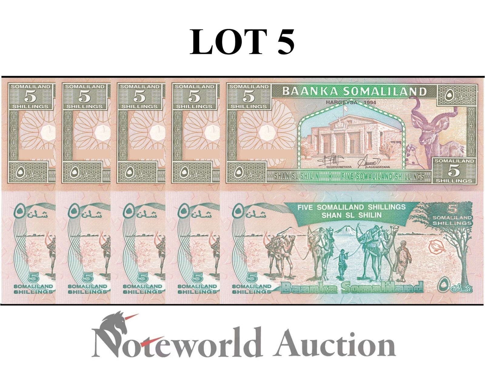 SOMALILAND LOT 5 pcs 1/20 Bundle - 5  Shillings 1994 P 1a UNC