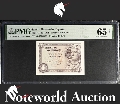 Spain Banco de Espana 1 Peseta 1948 P 135a UNC PMG 65 EPQ NR No Reserve