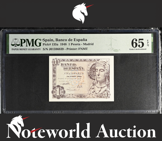 Spain Banco de Espana 1 Peseta 1948 P 135a UNC PMG 65 EPQ NR No Reserve