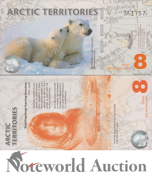ARCTIC TERRITORIES TEST NOTE 8 Dollars 2011 Polymer Polar Bear Series 3A UNC