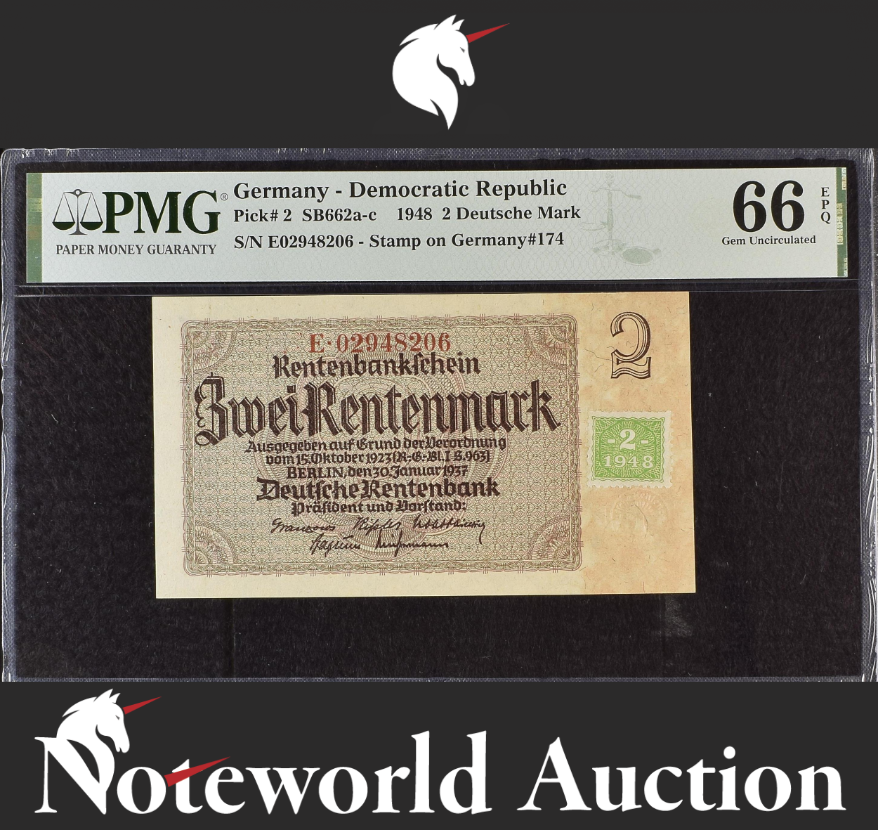 Germany Democratic 2 Deutsche Mark 1948 P 2 Stamp on P 174 UNC PMG 66 EPQ NR