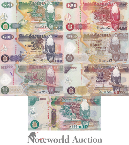 ZAMBIA 20 50 100-10000 Kwacha 1992-2011 P 36-38 43-46 Paper Polymer Set 7 UNC