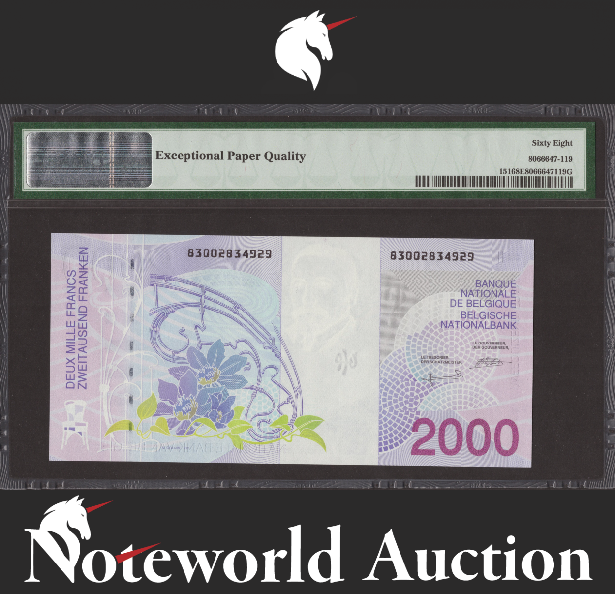 Belgium Banque Nationale 2000 Francs 1994-2001 P 151 UNC PMG 68 EPQ 2nd TOP POP
