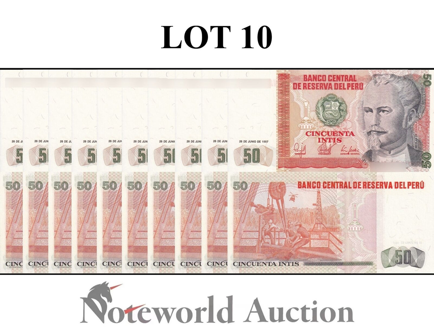 PERU Lot 10 pcs 1/10 Bundle - 50 Intis 1987 P 131b UNC