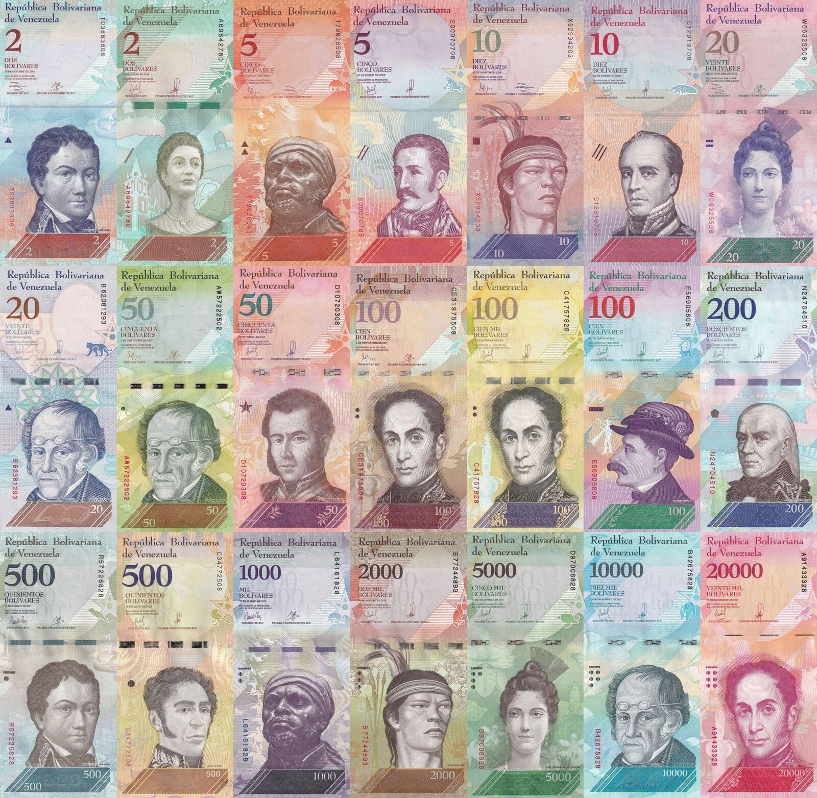 VENEZUELA Set 21 pcs - 2-100000 Bolivares 2013-2018 P 88 89 90 91 92 93-108 UNC