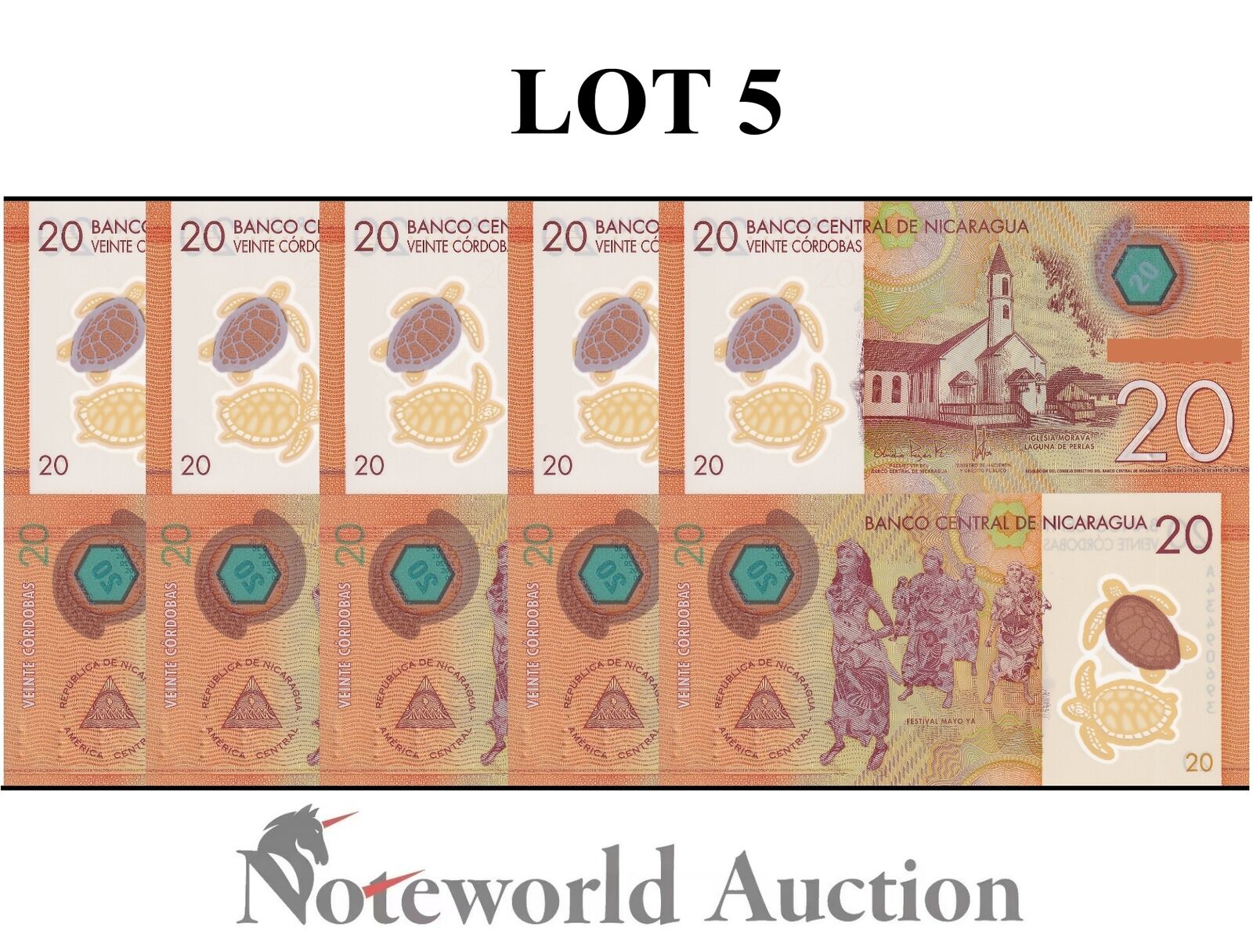 NICARAGUA Lot 5 pcs 1/20 Bundle - 20 Cordobas 2019 P 210 Polymer UNC