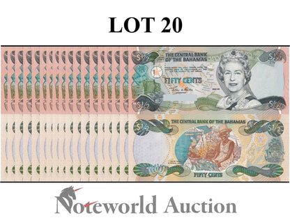 BAHAMAS Lot 20 pcs 1/5 Bundle - 1/2 Dollar 2001 P 68 UNC