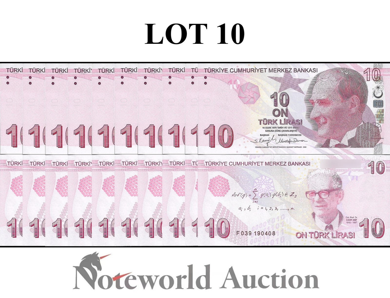TURKEY 10 Turk Lirasi 2009 P 223 Random Sign Lot 10 pcs 1/10 Bundle UNC