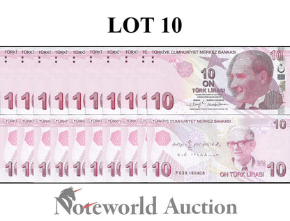 TURKEY 10 Turk Lirasi 2009 P 223 Random Sign Lot 10 pcs 1/10 Bundle UNC