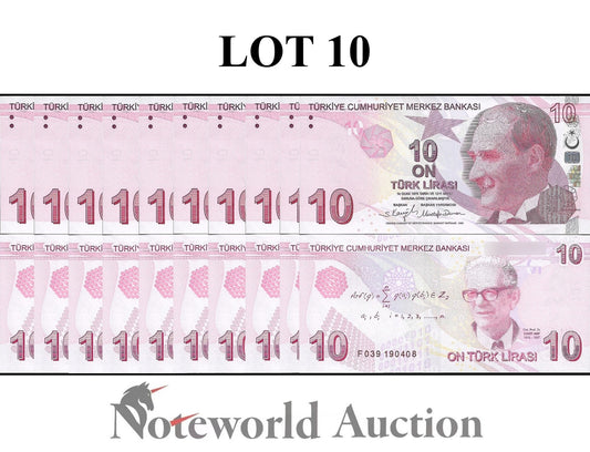 TURKEY 10 Turk Lirasi 2009 P 223 Random Sign Lot 10 pcs 1/10 Bundle UNC