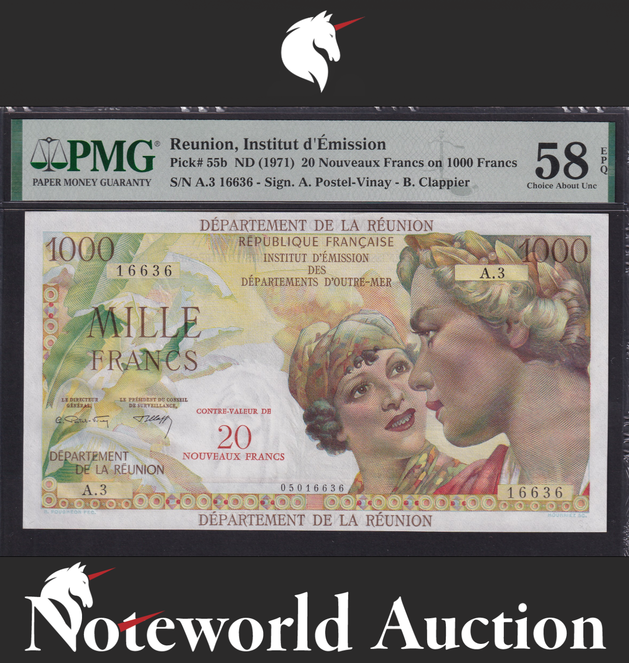 Reunion 20 Nouveaux Francs on 1000 Francs ND 1971 P 55b AU PMG 58 EPQ
