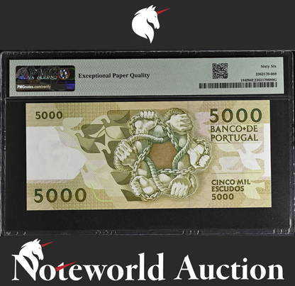 Portugal Banco de Portugal 5000 Escudos 1993 P 184f UNC PMG 66 EPQ 3rd TOP POP