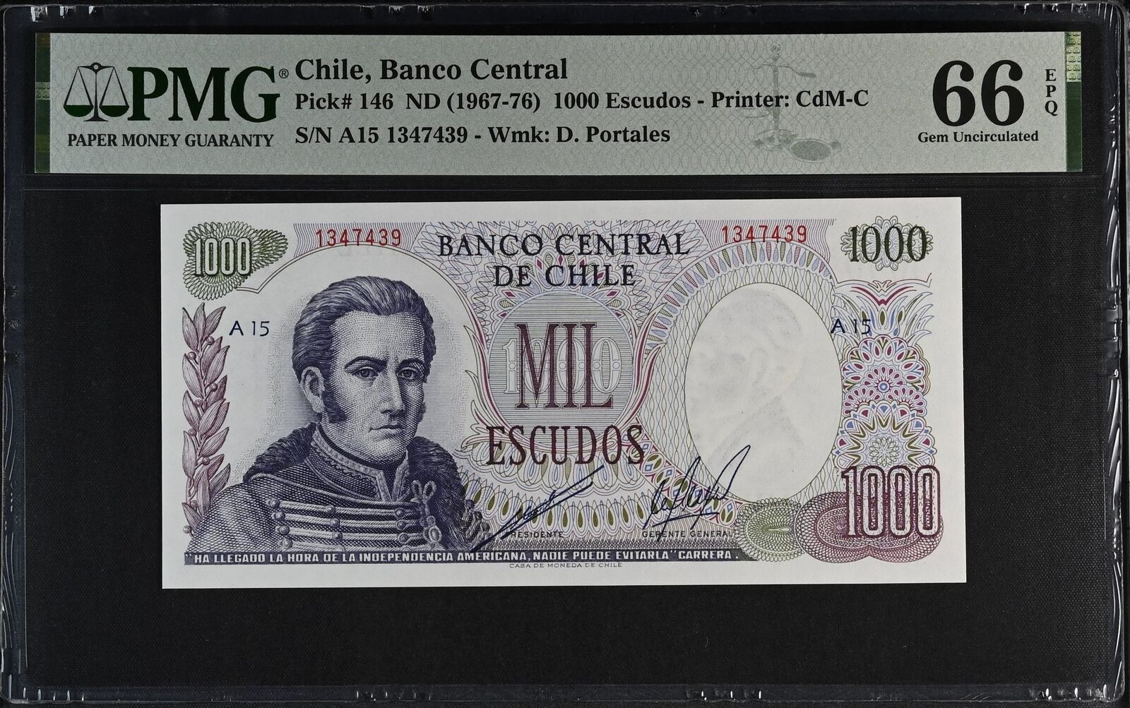 CHILE 1000 Escudos 1967-76 P 146 UNC PMG 66 EPQ