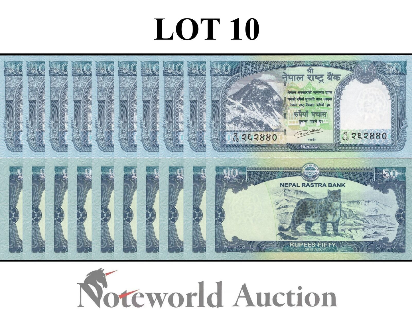 NEPAL Lot 10 pcs 1/10 Bundle - 50 Rupees 2019 P 79 Snow Leopard UNC