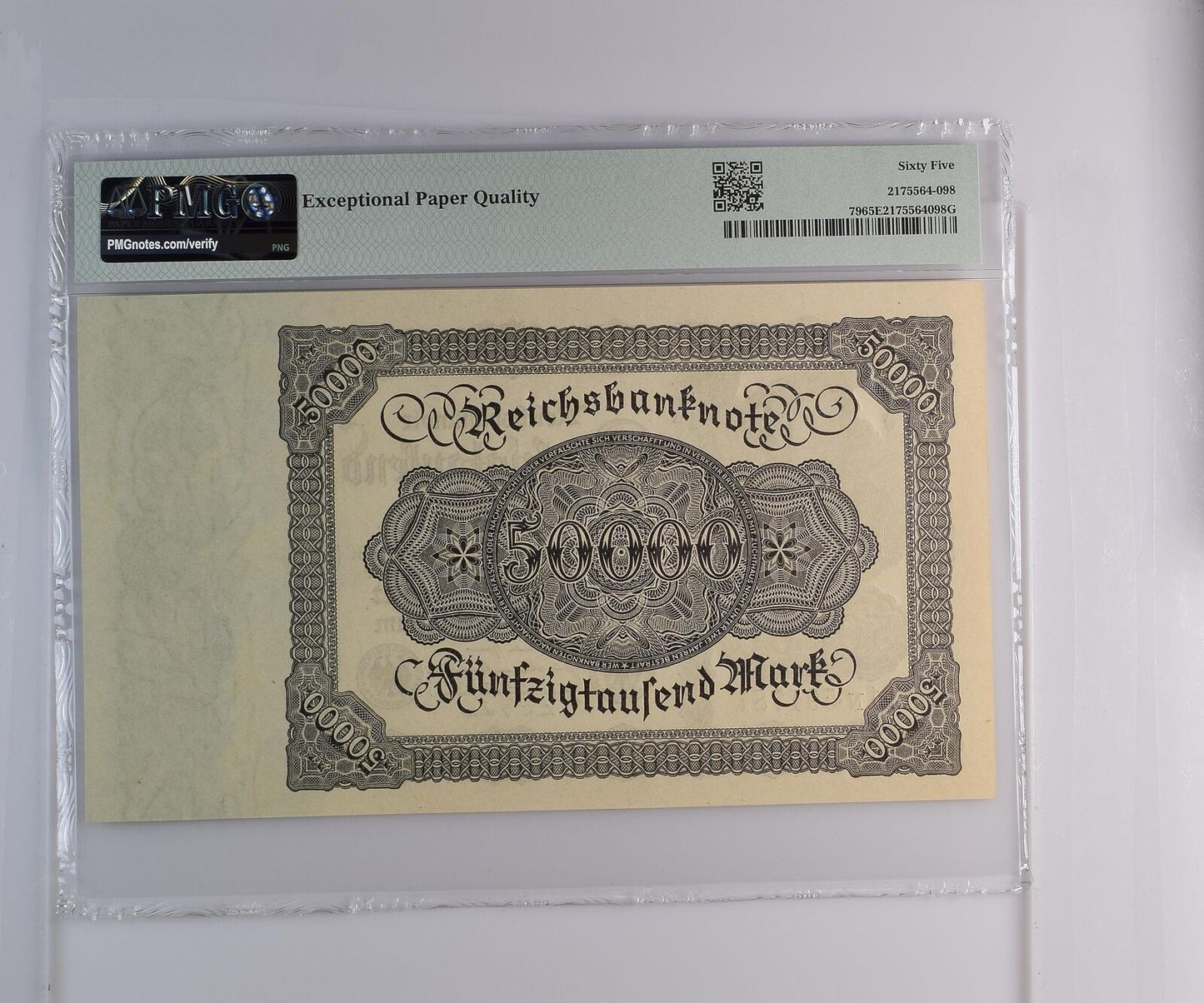 GERMANY REPUBLIC TREASURY 50000 Mark 1922 P 79 UNC PMG 65 EPQ