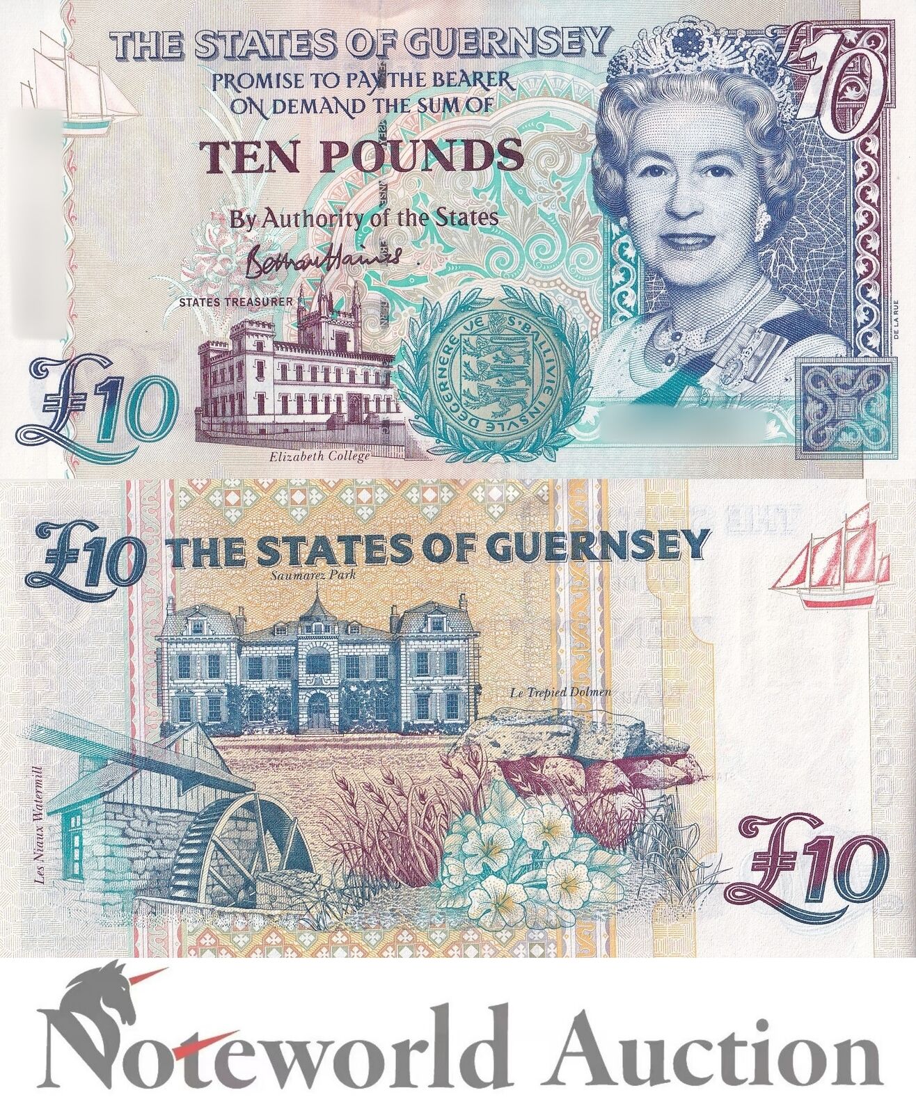 GUERNSEY 10 Pound ND 1995-2023 P 57d Narrow segmented security thread UNC