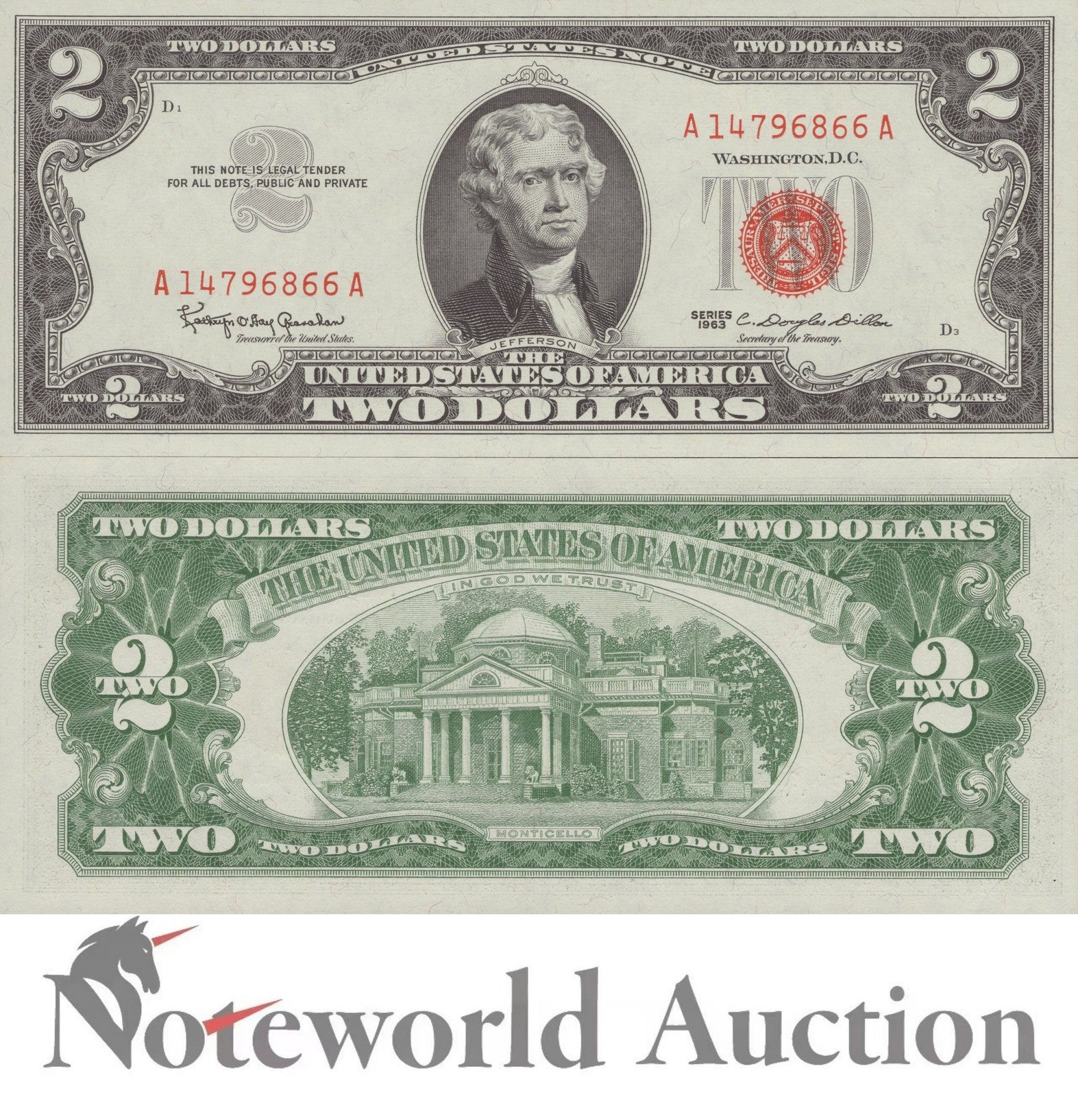 UNITED STATES USA 2 Dollars 1963 P 382a Red Seal UNC