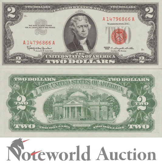 UNITED STATES USA 2 Dollars 1963 P 382a Red Seal UNC