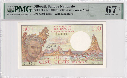 DJIBOUTI 500 Francs 1988 P 36b 2nd Top POP UNC PMG 67 EPQ