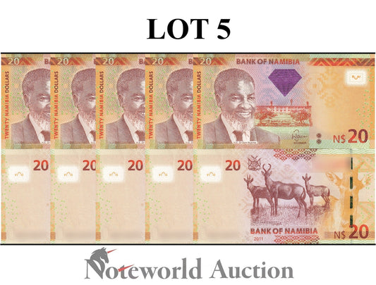 NAMIBIA 20 Dollars 2011 P 12a Antelopes Lot 5 pcs 1/20 Bundle UNC