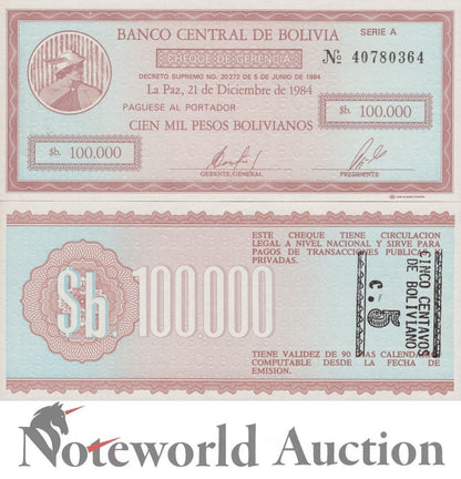 BOLIVIA 100000 Pesos 1984 P 197x Error Overprint 5 Cents UNC