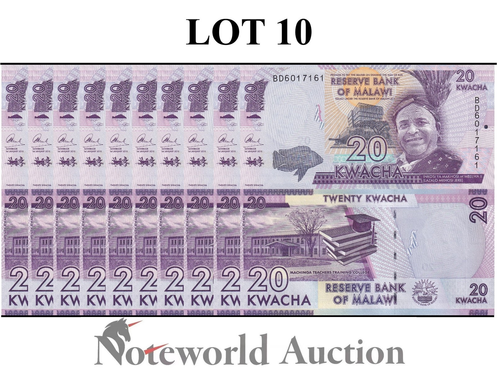 MALAWI 20 Kwacha 2016 P 63c Lot 10 pcs 1/10 Bundle UNC