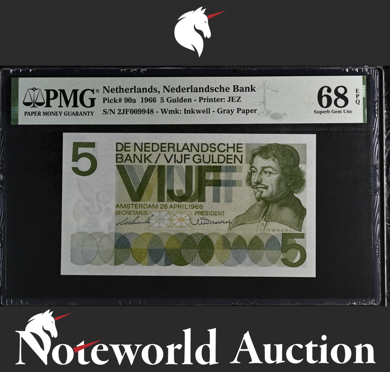 Netherlands 5 Gulden 1966 P 90a Superb Gem UNC PMG 68 EPQ 2nd Top POP