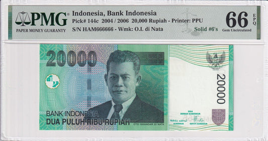 INDONESIA 20000 Rupiah 2004/2006 P 144c Fancy SOLID 6 - 666666 UNC PMG 66 EPQ