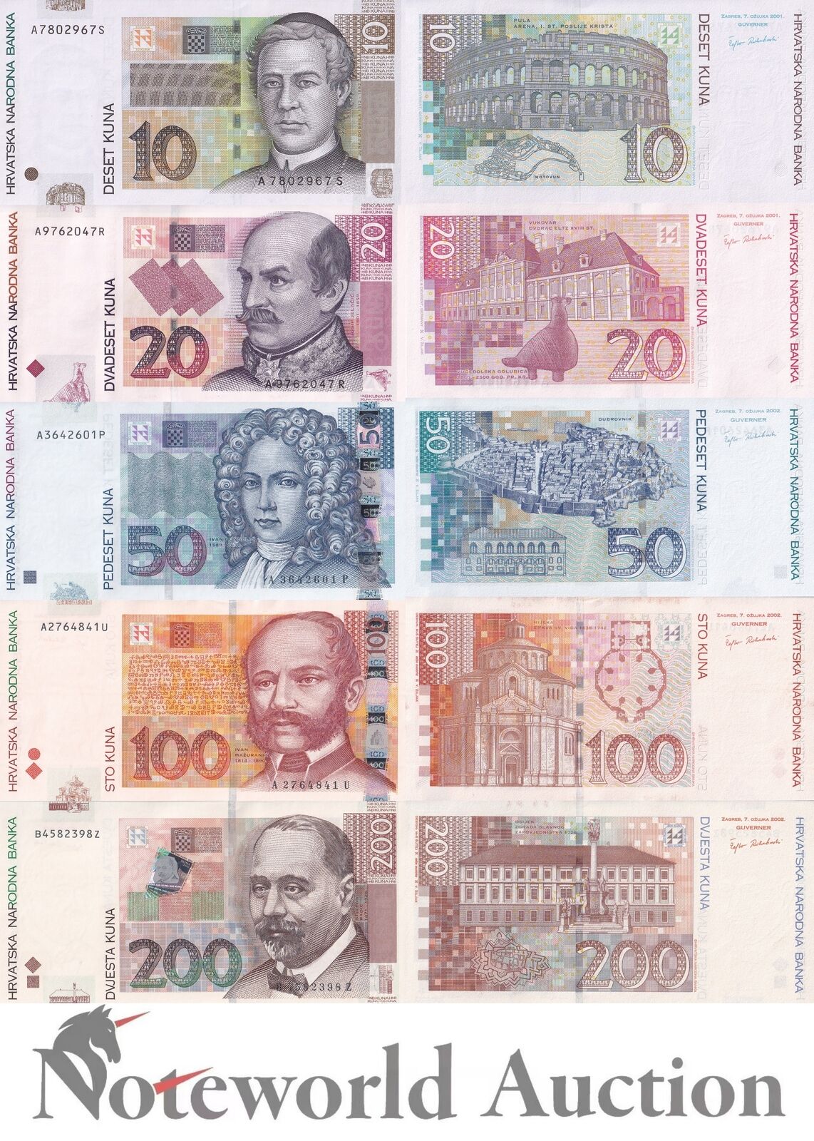 CROATIA Set 5 pcs - 10 20 50 100 200 Kuna 2001-2002 P 38a-42a UNC