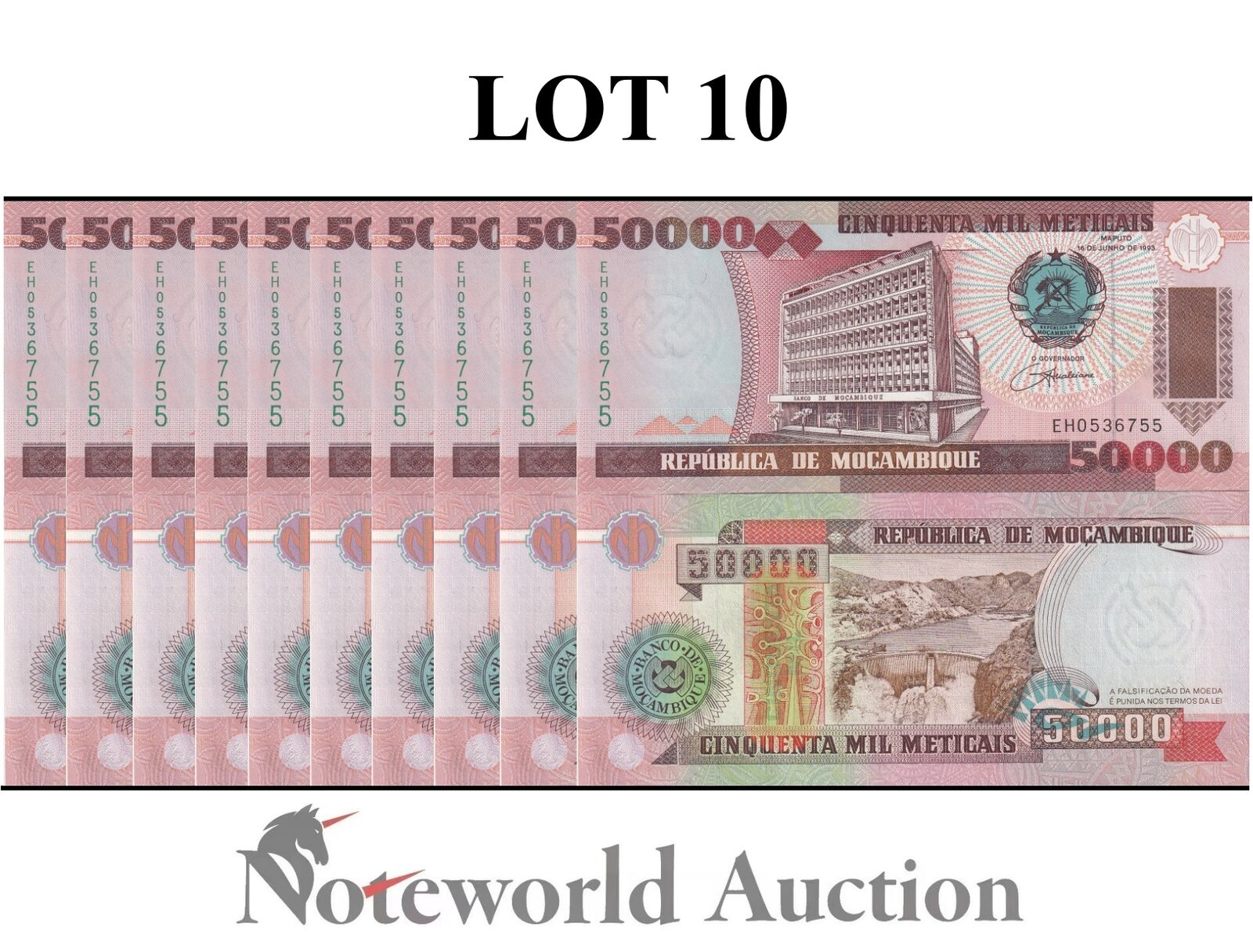 MOZAMBIQUE Lot 10 pcs 1/10 Bundle - 50000 Meticais 1993 P 138 UNC