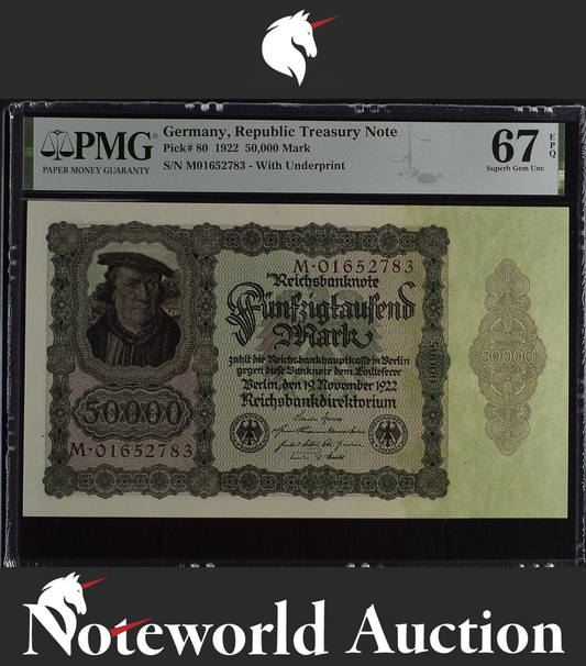 Germany Republic Treasury Note 50000 Mark 1922 P 80 UNC PMG 67 EPQ TOP POP