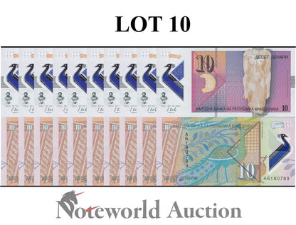 NORTH MACEDONIA Lot 10 pcs 1/10 Bundle - 10 Denari 2018 P 25 Polymer UNC