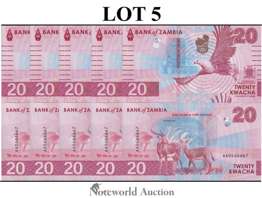 ZAMBIA 20 Kwacha 2024 2025 P New Issue First Prefix AA Lot 5 pcs UNC