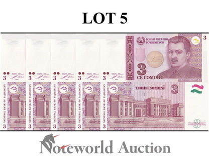 TAJIKISTAN 3 Somoni 2010 P 20 Lot 5 pcs 1/20 Bundle UNC