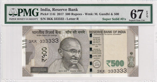 INDIA 500 Rupees 2017 P 114i Fancy Lucky SUPER SOLID 3-3KK 333333 UNC PMG 67 EPQ