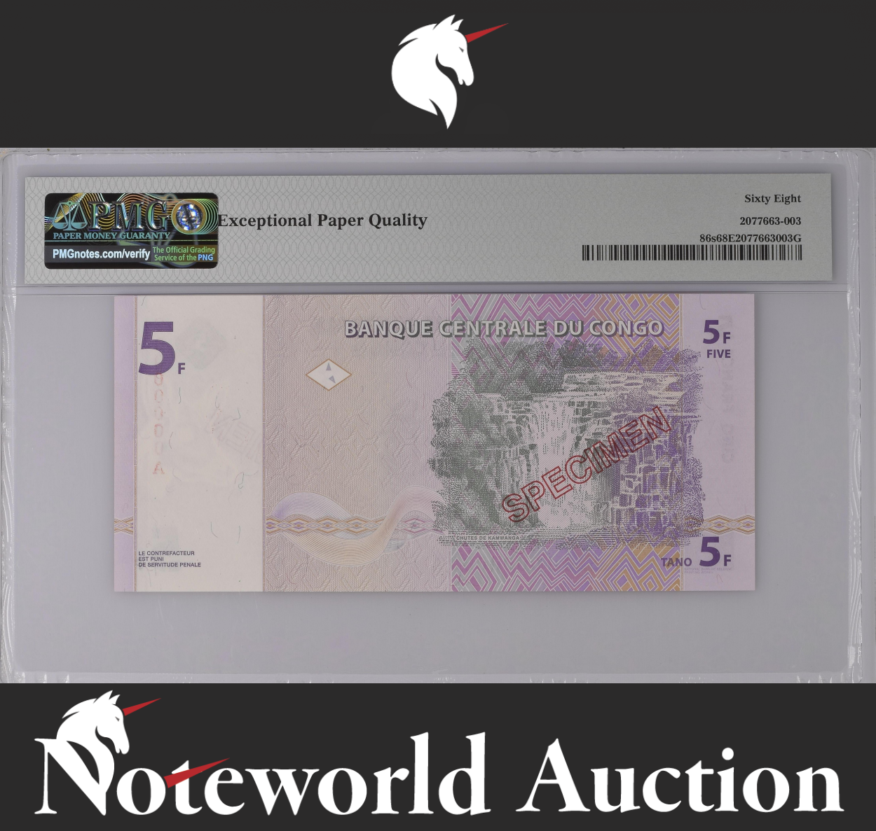 Congo Democratic Republic SPECIMEN 5 Francs 1997 P 86s UNC PMG 68 EPQ TOP POP