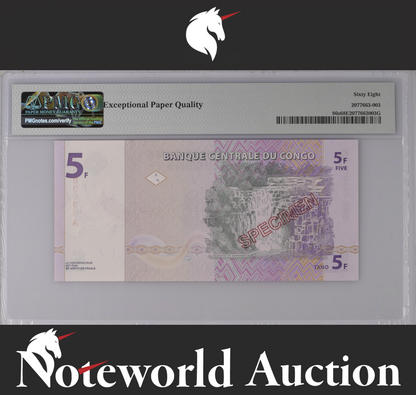 Congo Democratic Republic SPECIMEN 5 Francs 1997 P 86s UNC PMG 68 EPQ TOP POP